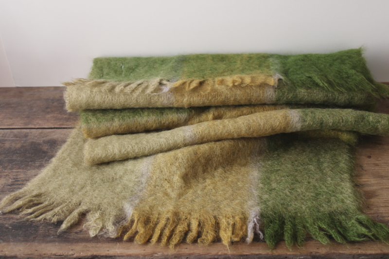 photo of vintage Scottish mohair woven scarf wide wrap shawl fringe, heather green mustard gold plaid #2