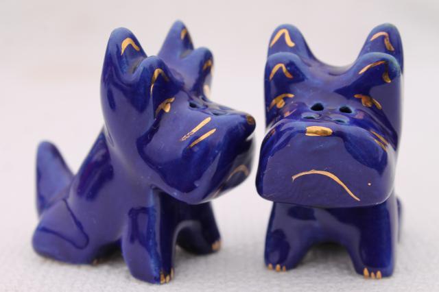 photo of vintage Scotty dog S&P shakers set, cobalt blue art deco pottery Scotties #1