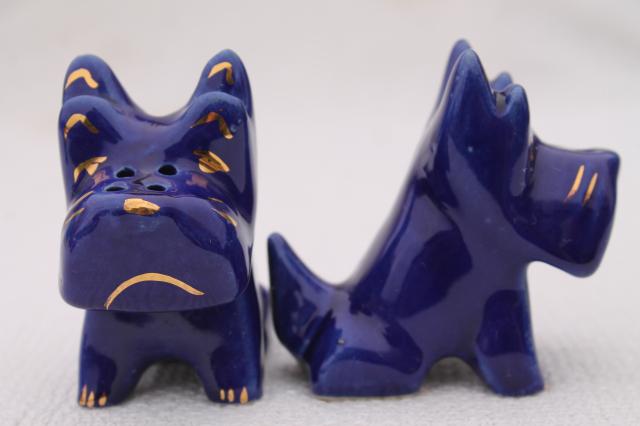 photo of vintage Scotty dog S&P shakers set, cobalt blue art deco pottery Scotties #4