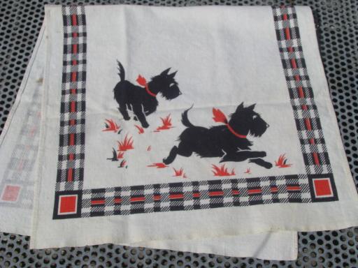 photo of vintage Scotty dog print cotton kitchen towel, Scotties w/ red plaid #1