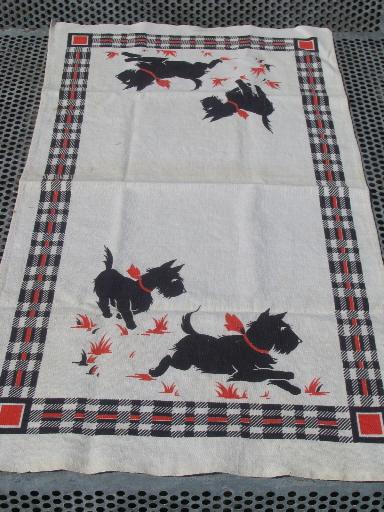 photo of vintage Scotty dog print cotton kitchen towel, Scotties w/ red plaid #2