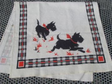 catalog photo of vintage Scotty dog print cotton kitchen towel, Scotties w/ red plaid