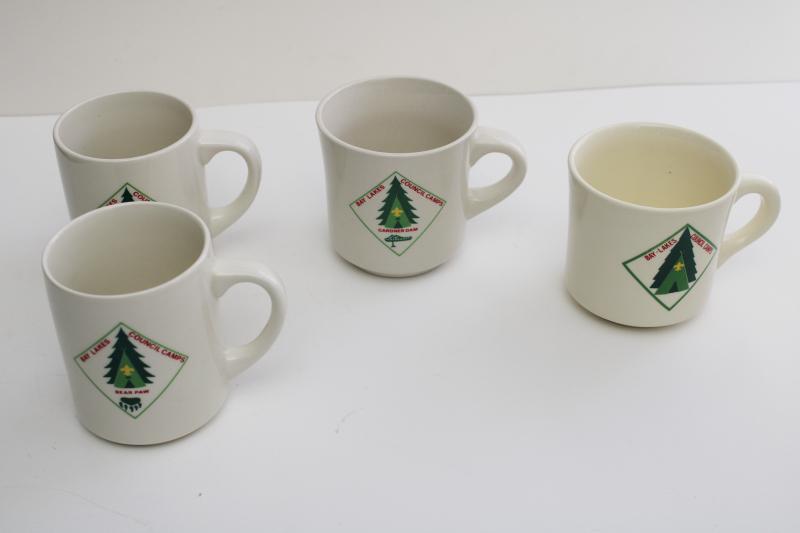 photo of vintage Scout camp mugs, restaurant china Boy Scouts Bay Lakes Wisconsin BSA #1