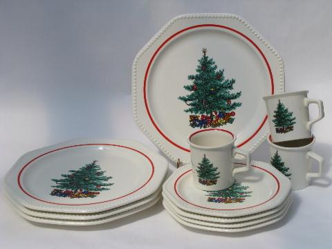 photo of vintage Sears Octagon white Holiday dishes, Christmas tree plates #1