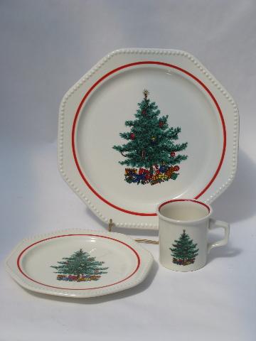 photo of vintage Sears Octagon white Holiday dishes, Christmas tree plates #2