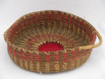 catalog photo of vintage Seminole coiled pine needle sewing basket or kitchen fruit bowl