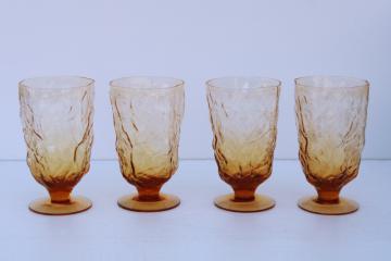 catalog photo of vintage Seneca Driftwood pattern crinkle glass water glasses, amber glass footed tumblers