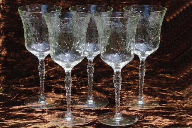 photo of vintage Seneca glass #180 or #190 cut stem wine glasses w/ floral diamond optic bowl #1