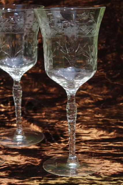 photo of vintage Seneca glass #180 or #190 cut stem wine glasses w/ floral diamond optic bowl #2