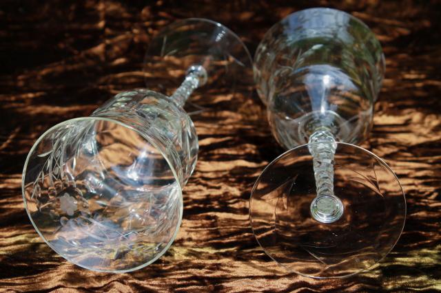 photo of vintage Seneca glass #180 or #190 cut stem wine glasses w/ floral diamond optic bowl #7