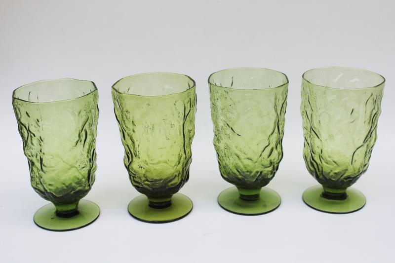 photo of vintage Seneca glass footed tumblers, driftwood crinkle glass avocado green goblets #1
