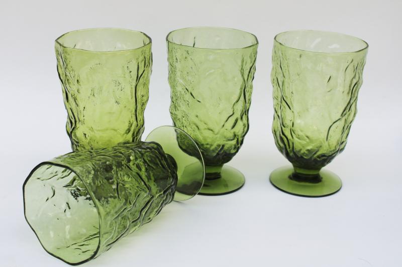 photo of vintage Seneca glass footed tumblers, driftwood crinkle glass avocado green goblets #2