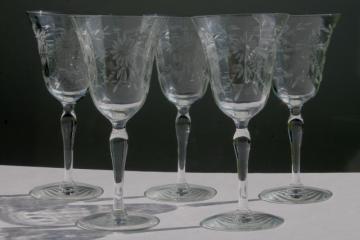 catalog photo of vintage Seneca glass wine glasses or water goblets, etched wheel cut daisy optic pattern