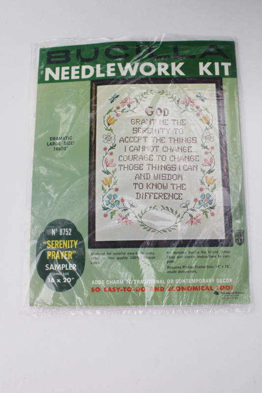 photo of vintage Serenity Prayer sealed cross stitch embroidery kit stamped linen w/ floss #1