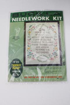 catalog photo of vintage Serenity Prayer sealed cross stitch embroidery kit stamped linen w/ floss