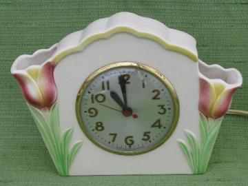 catalog photo of vintage Sessions kitchen shelf clock, pink tulip pocket vases china case