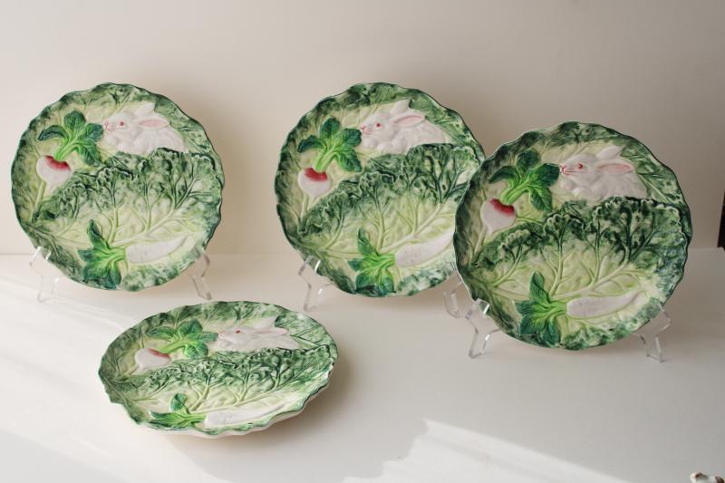 photo of vintage Shafford Rabbit Patch ceramic salad plates, embossed bunnies cabbage leaf #1