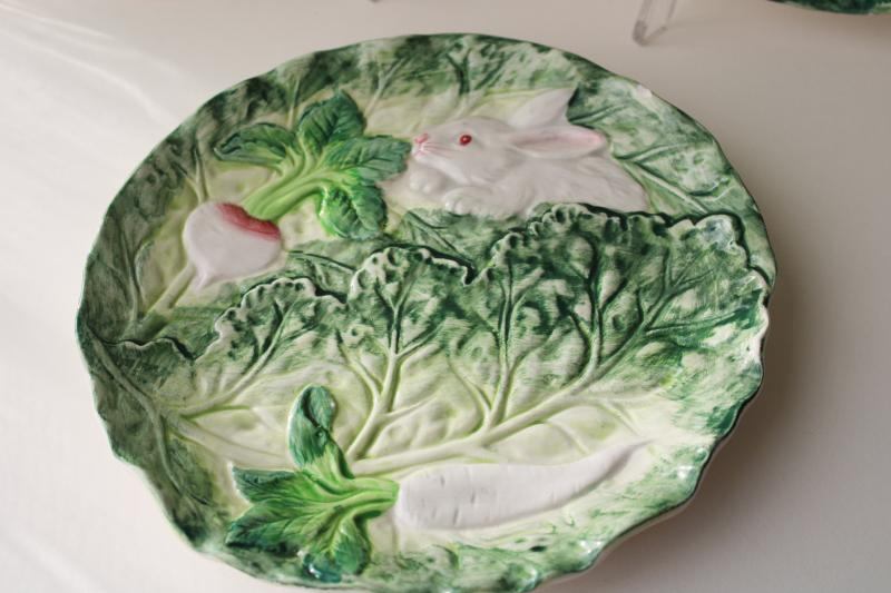 photo of vintage Shafford Rabbit Patch ceramic salad plates, embossed bunnies cabbage leaf #2