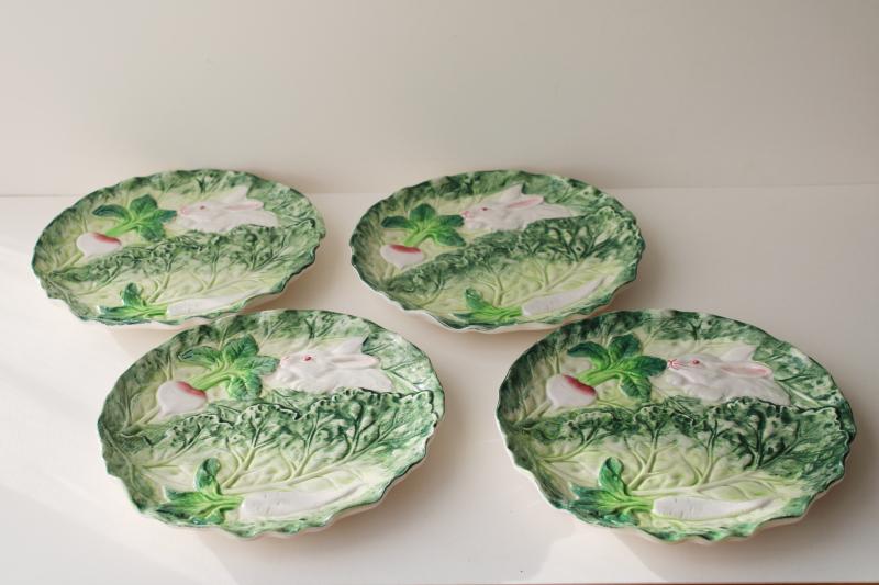 photo of vintage Shafford Rabbit Patch ceramic salad plates, embossed bunnies cabbage leaf #4