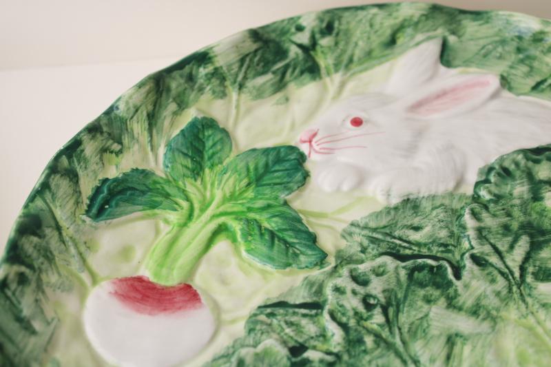 photo of vintage Shafford Rabbit Patch ceramic salad plates, embossed bunnies cabbage leaf #6