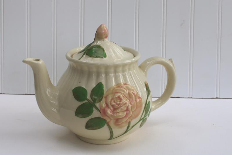 photo of vintage Shawnee USA pottery teapot, embossed pink rose flower tea pot #1