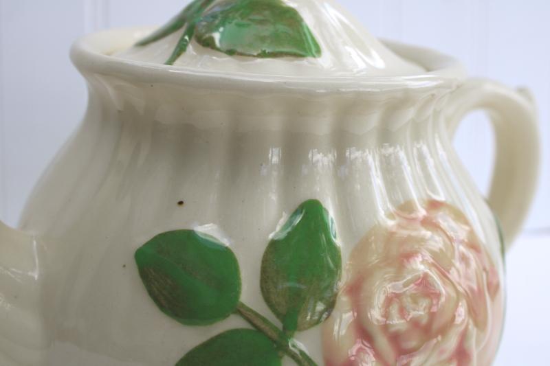 photo of vintage Shawnee USA pottery teapot, embossed pink rose flower tea pot #2