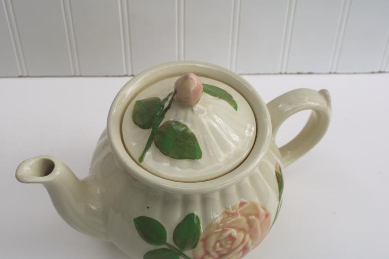 photo of vintage Shawnee USA pottery teapot, embossed pink rose flower tea pot #3