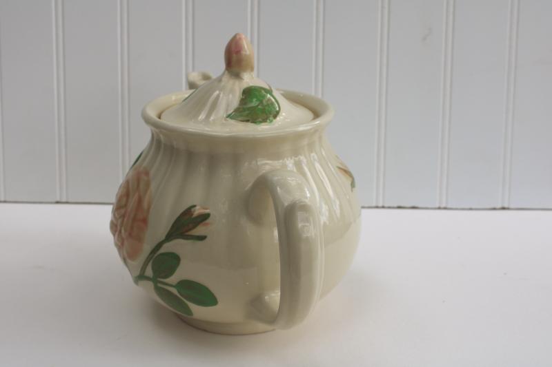 photo of vintage Shawnee USA pottery teapot, embossed pink rose flower tea pot #5