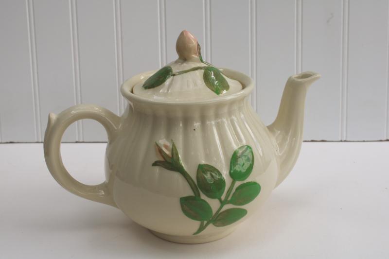 photo of vintage Shawnee USA pottery teapot, embossed pink rose flower tea pot #6