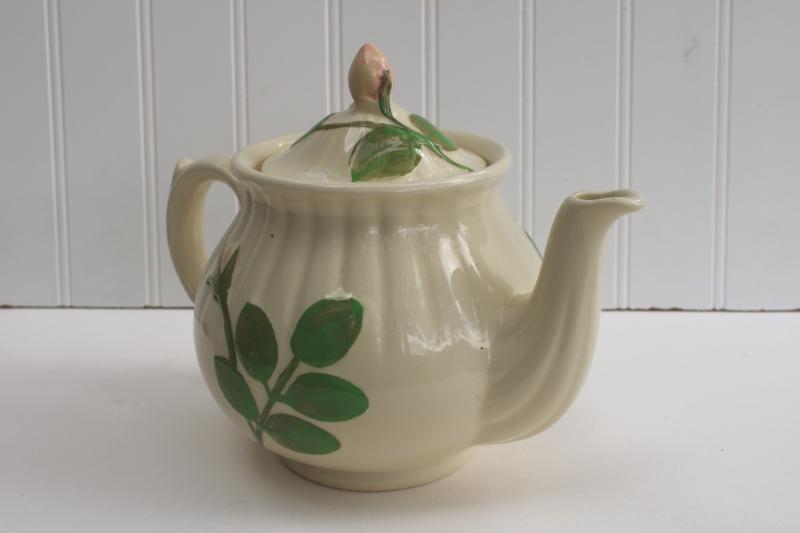 photo of vintage Shawnee USA pottery teapot, embossed pink rose flower tea pot #7