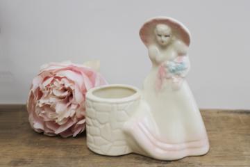 catalog photo of vintage Shawnee pottery planter pot, southern belle or bridesmaid w/ picture hat!