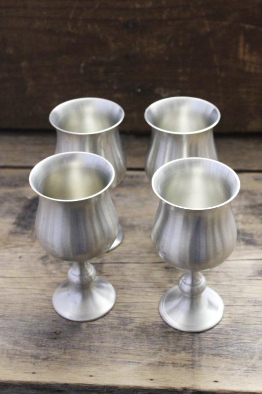 photo of vintage Sheffield English pewter goblets, stemmed wine glasses set of four #1