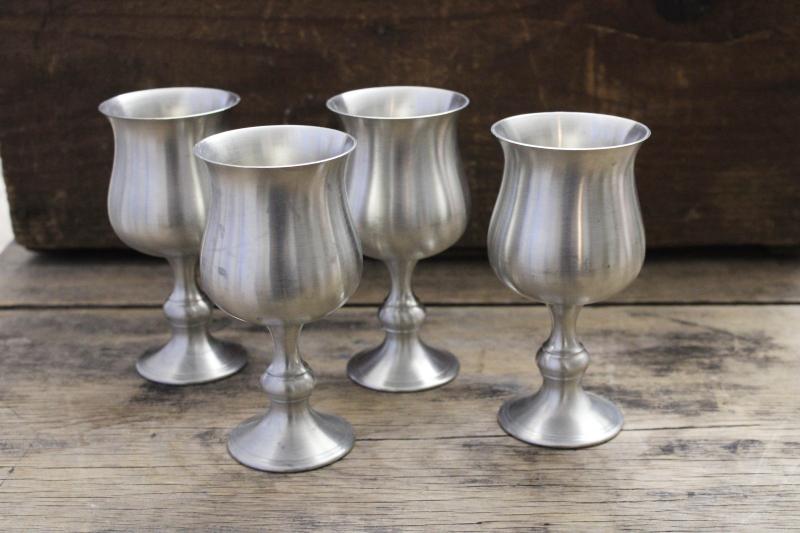 photo of vintage Sheffield English pewter goblets, stemmed wine glasses set of four #6