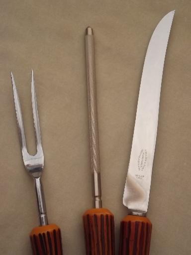 photo of vintage Sheffield carving knife set & steak knives w/ antler handles #2