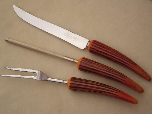 photo of vintage Sheffield carving knife set & steak knives w/ antler handles #3