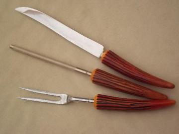 catalog photo of vintage Sheffield carving knife set & steak knives w/ antler handles