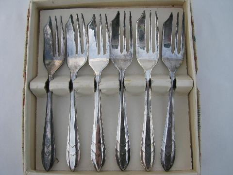 photo of vintage Sheffield plate tiny pastry forks set, old gift box, unused #1