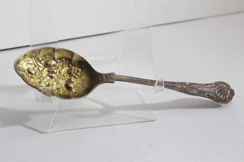 photo of vintage Sheffield silver plate berry spoon scoop w/ embossed fruit shell pattern #1