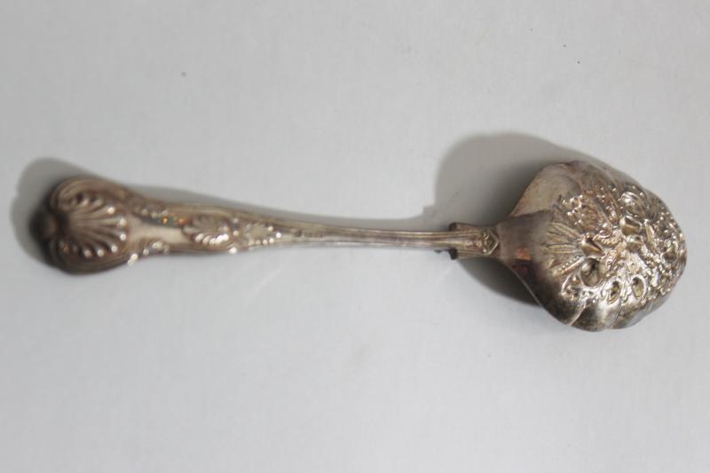 photo of vintage Sheffield silver plate berry spoon scoop w/ embossed fruit shell pattern #5