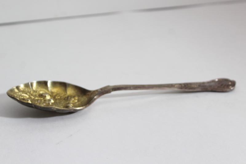 photo of vintage Sheffield silver plate berry spoon scoop w/ embossed fruit shell pattern #7