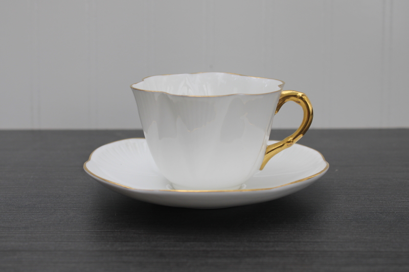 photo of vintage Shelley English bone china tea cup saucer Regency white w/ gold, Dainty pattern #1