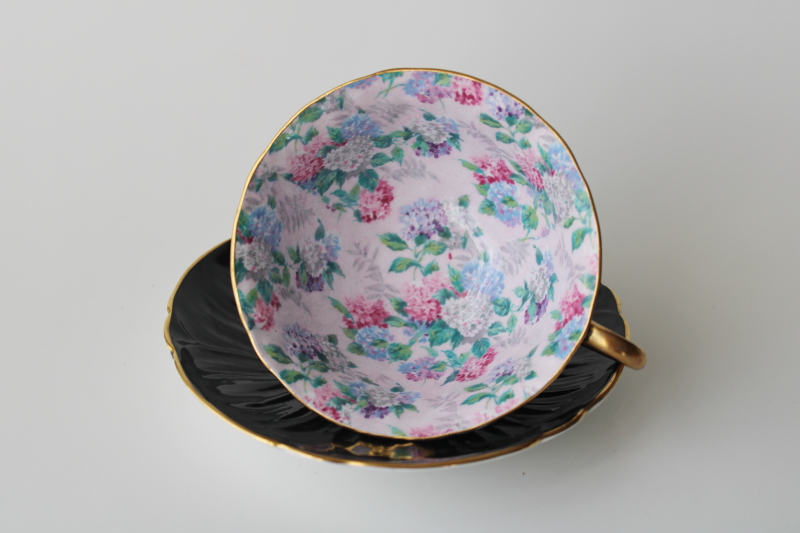 photo of vintage Shelley bone china cup & saucer oleander Summer Glory lilacs chintz w/ black #2