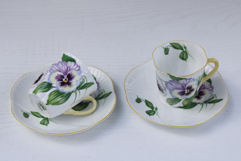 photo of vintage Shelley bone china demitasse cups saucers, Dainty pansy floral pattern #1