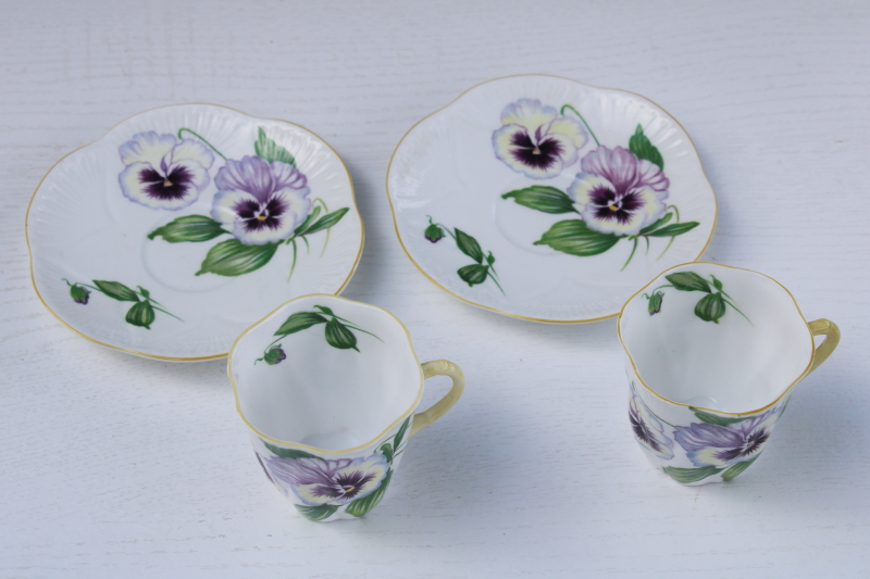 photo of vintage Shelley bone china demitasse cups saucers, Dainty pansy floral pattern #2