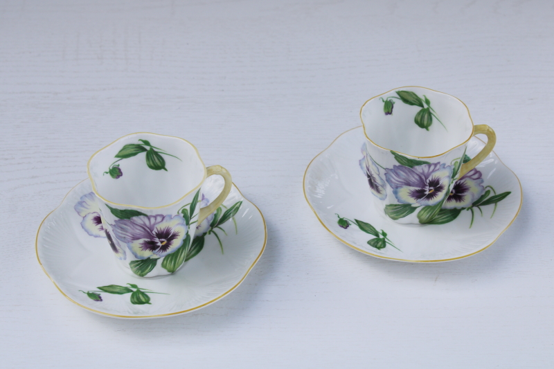 photo of vintage Shelley bone china demitasse cups saucers, Dainty pansy floral pattern #5