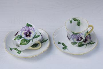 catalog photo of vintage Shelley bone china demitasse cups saucers, Dainty pansy floral pattern