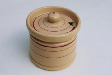 catalog photo of vintage Shenango china Inca Ware desert tan ironstone jam jar or mustard pot w/ lid 
