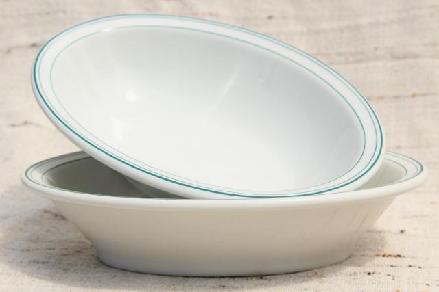 photo of vintage Shenango china green band white ironstone bowls, mid-century mod restaurantware #1