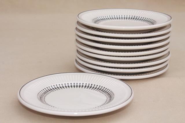 photo of vintage Shenango china heavy ironstone restaurantware plates, deco mod black on white design #6