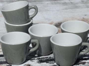 catalog photo of vintage Shenango ironstone china coffee cups, retro steel grey diner mugs